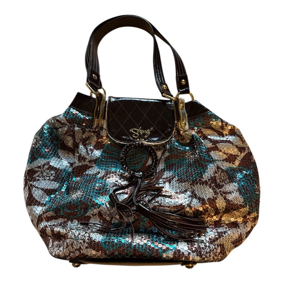 Sharif Handbags - Sharif Sequin Leather Shoulder Bag Brown Teal Tassel Hobo